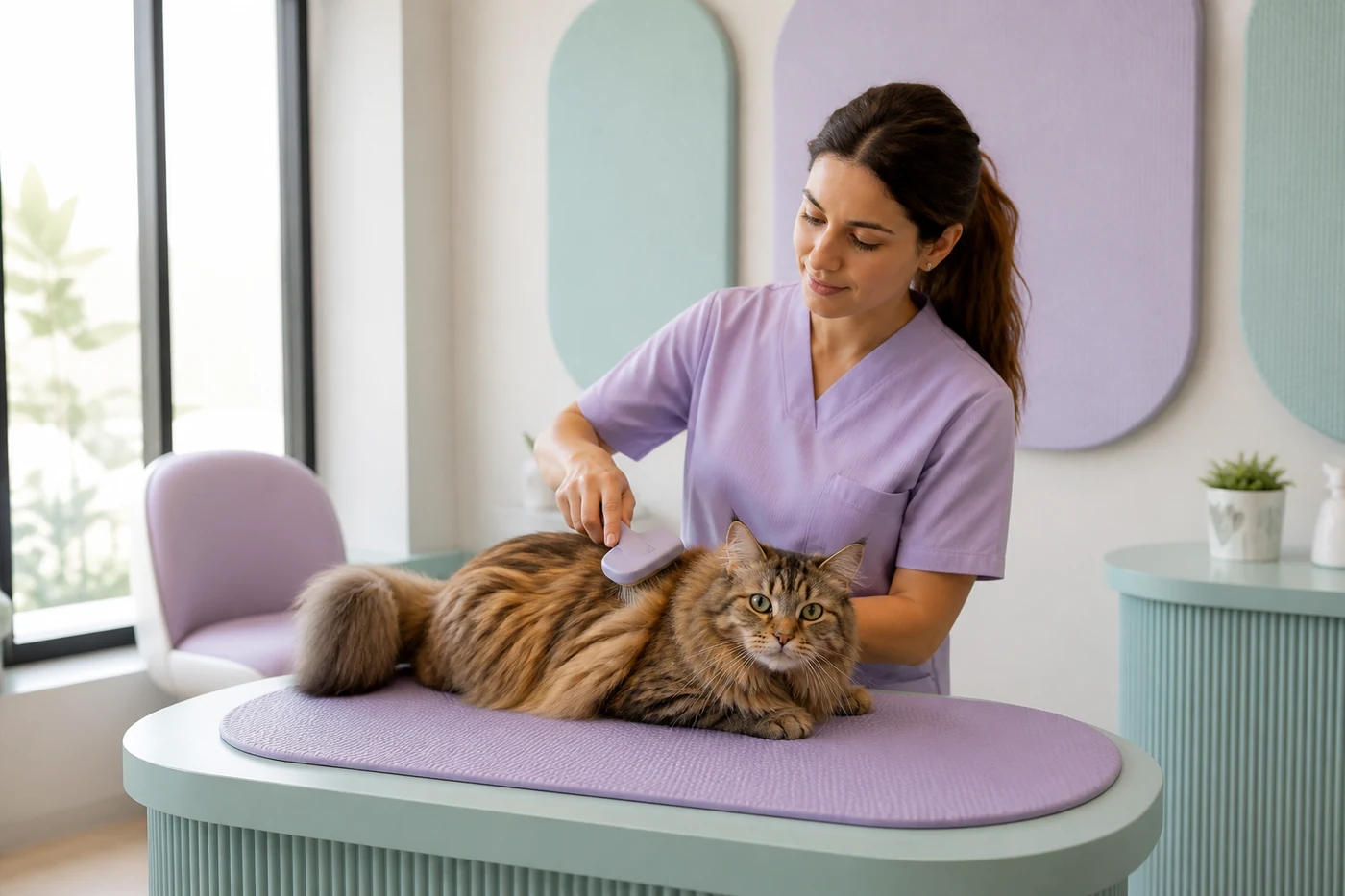Long-haired cat receiving a gentle brush in a quiet Ankara salon room