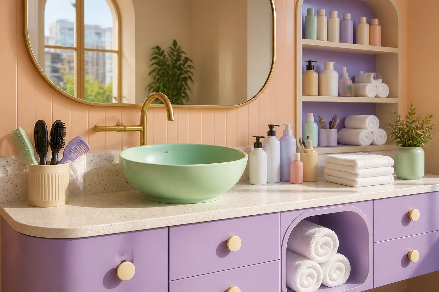 Mint and lilac grooming station prepared for an appointment